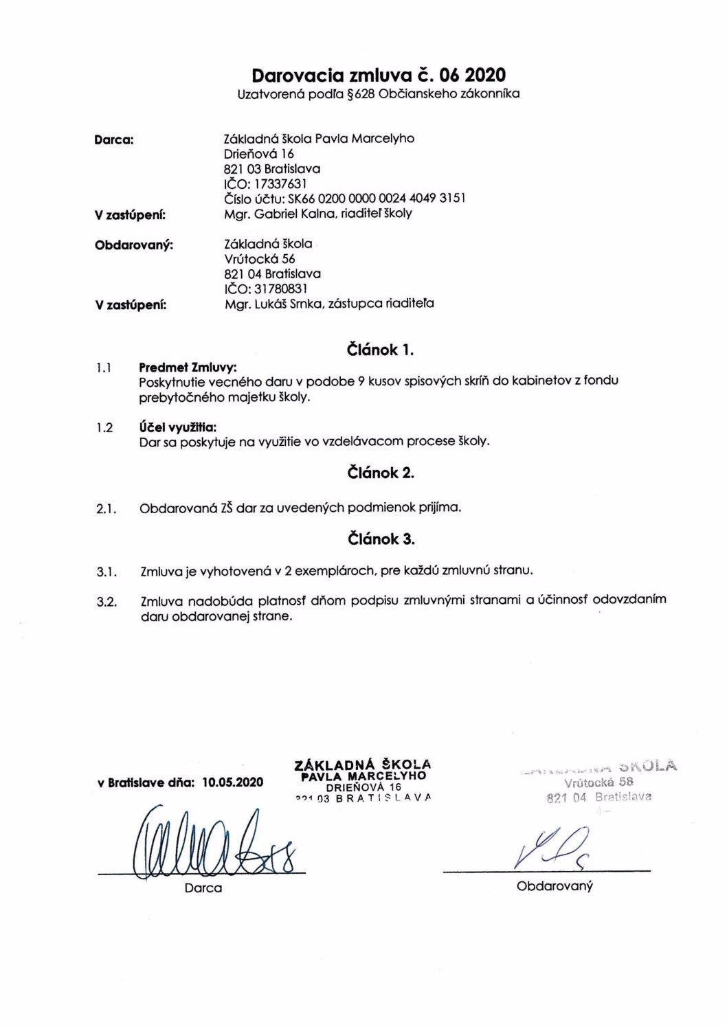 Darovacia zmluva 06, ZŠ Pavla Marcelyho, 2020