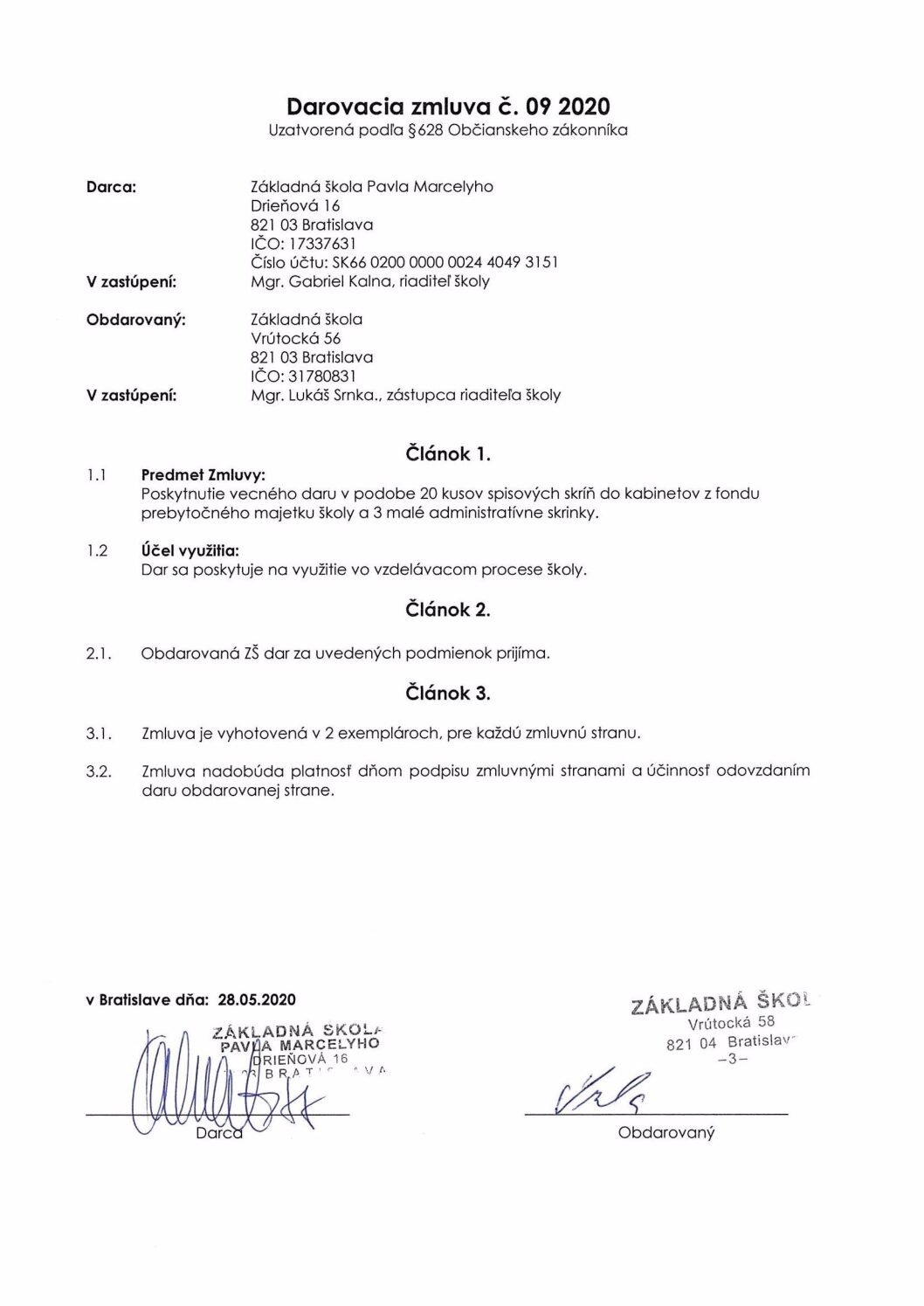 Darovacia zmluva 09, ZŠ Pavla Marcelyho, 2020