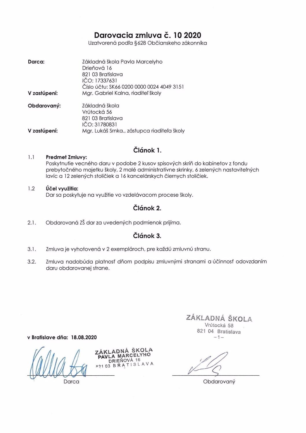 Darovacia zmluva 10, ZŠ Pavla Marcelyho, 2020