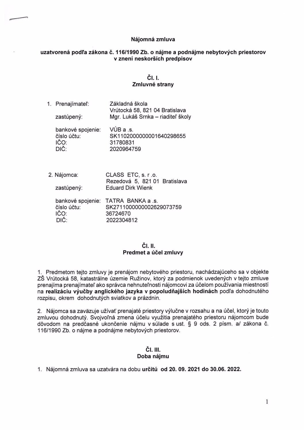 ZMLUVA CLASS ETC, s.r.o. ANJ, 2021-22