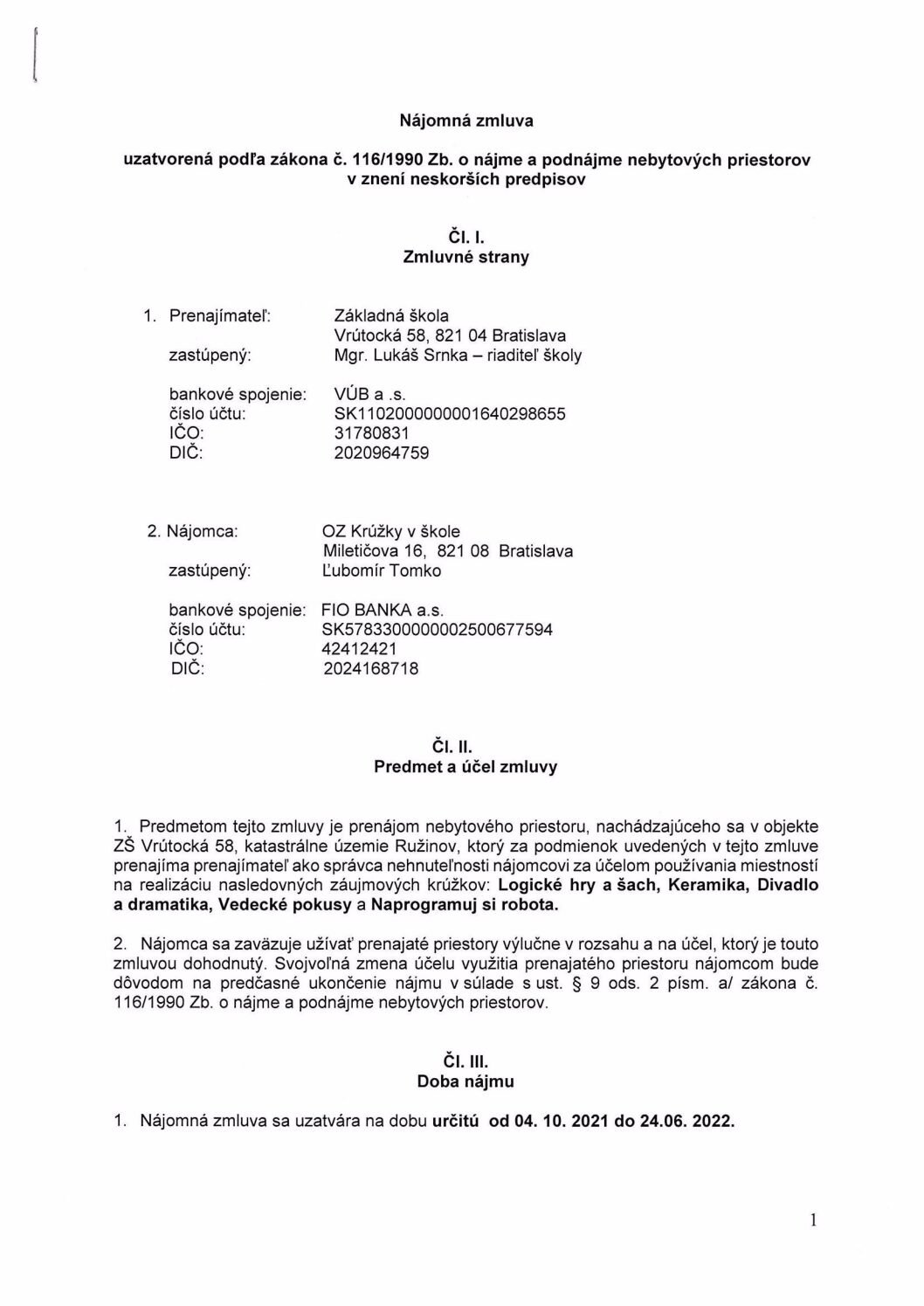 ZMLUVA OZ krúžky v škole, 2021-22