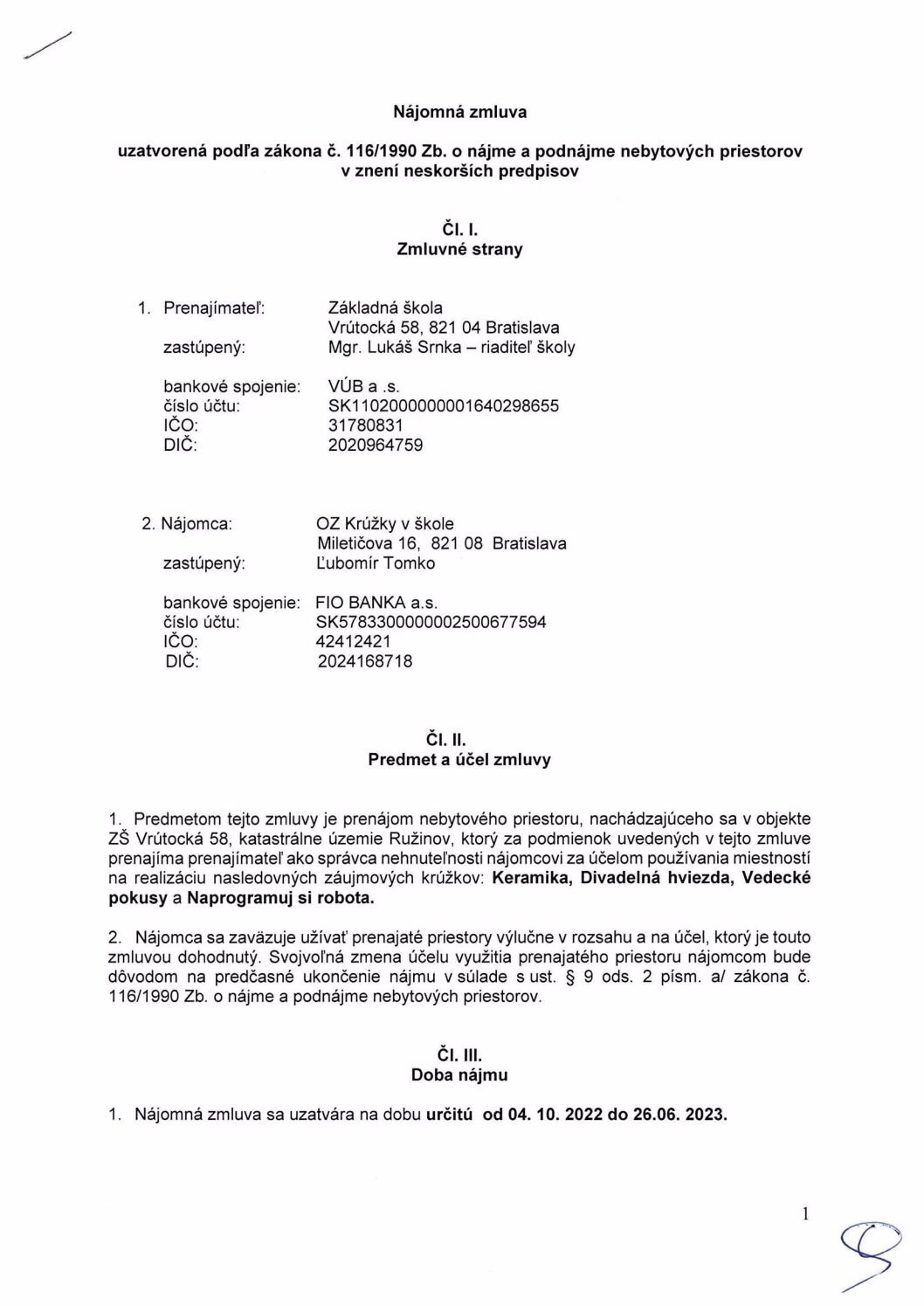 ZMLUVA OZ krúžky v škole, 2022-23