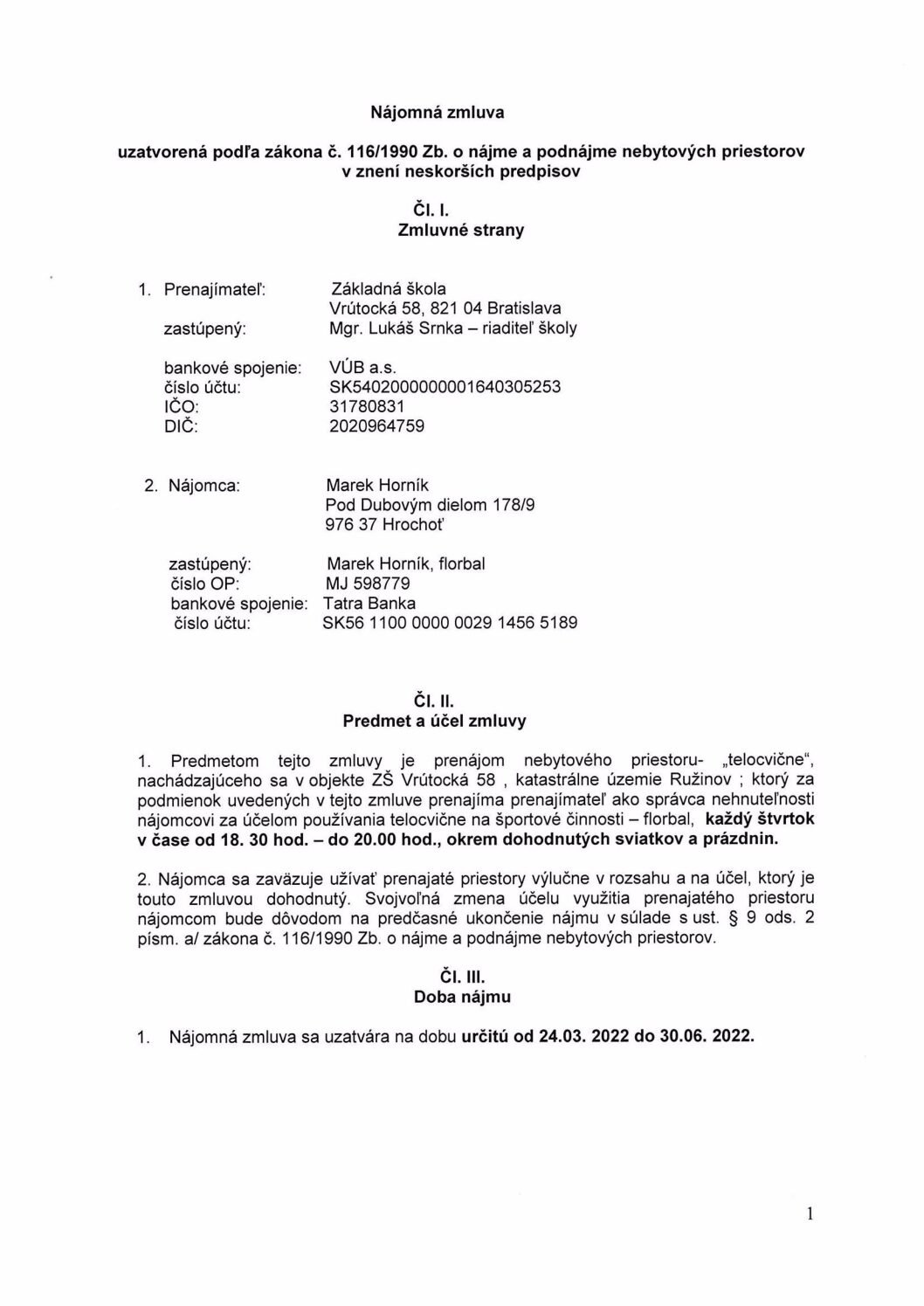 ZMLUVA p. Horník Florbal, 2022