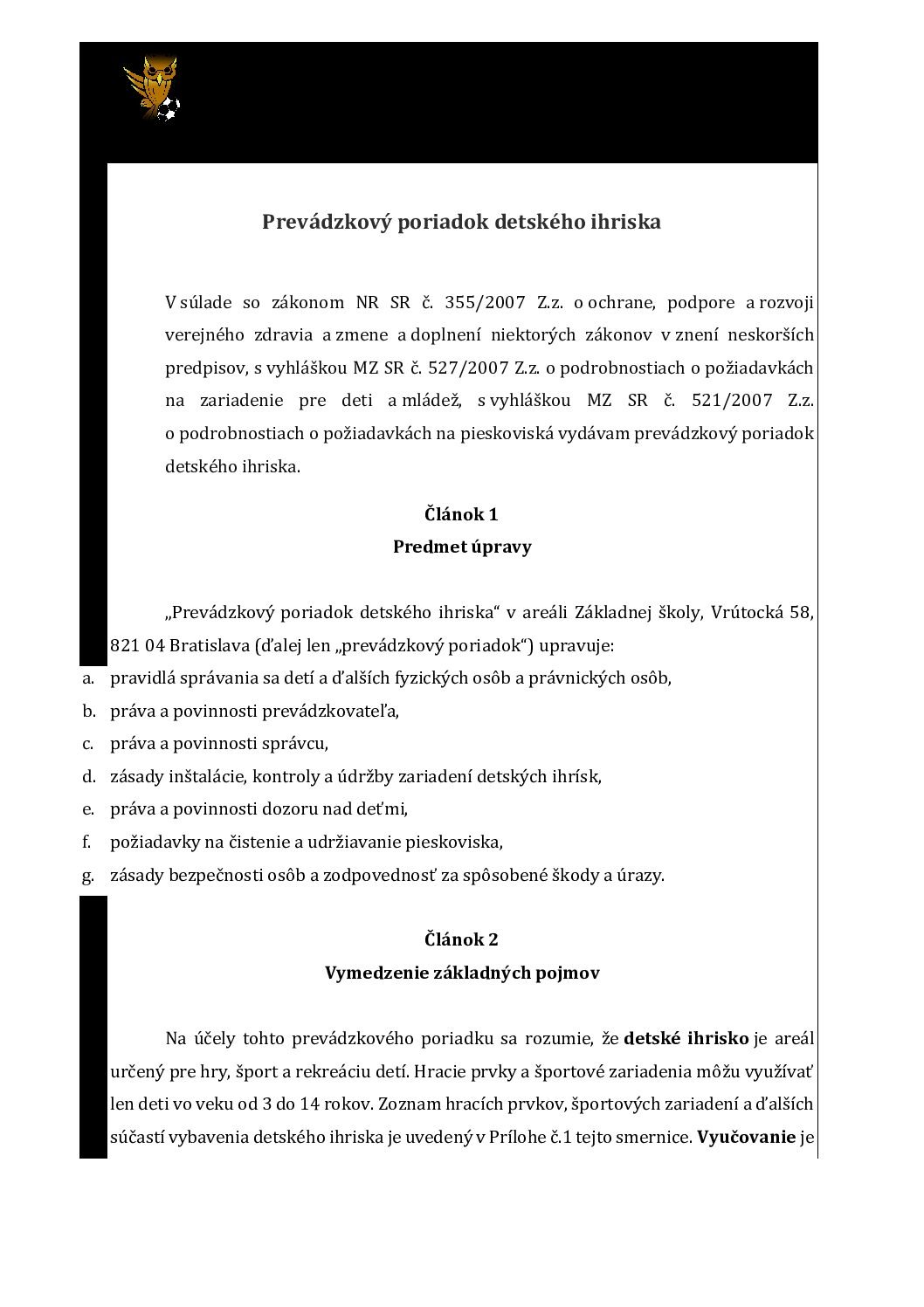 Prevádzkový poriadok detského ihriska